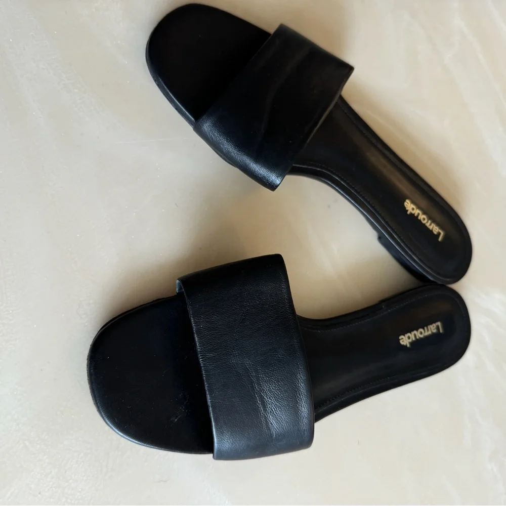 Larroude Black Leather Slide Sandals